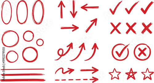 Red hand drawn vector illustration set featuring various shapes including circles arrows check marks cross signs and stars for editing