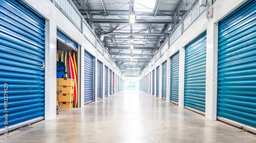 Self storage facility corridor with blue roll up doors, one open unit revealing surfboards and boxes inside