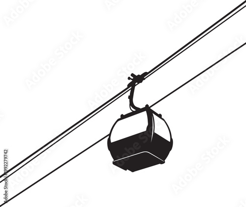 Black and white silhouette of a gondola lift cable car suspended on wires also transparent background