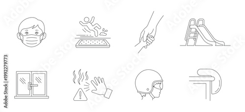 Child safety thin line icon set. Kids protection and safety guidelines outline icons. Editable stroke. Vector illustration.