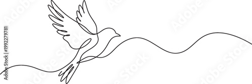 Elegant continuous line drawing of a dove in flight symbolizing peace and freedom with a flowing ribbon