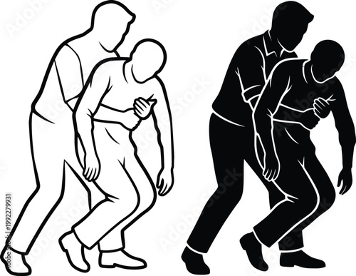 Two Figures Performing CPR Chest Compressions In Line And Silhouette Styles