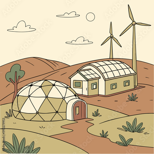 A vector illustration of a sustainable eco-friendly village with a geodesic dome and wind turbines