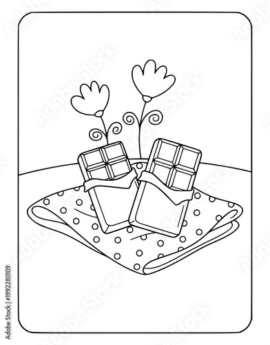Chocolate bars on a picnic cloth for a creative children coloring book page