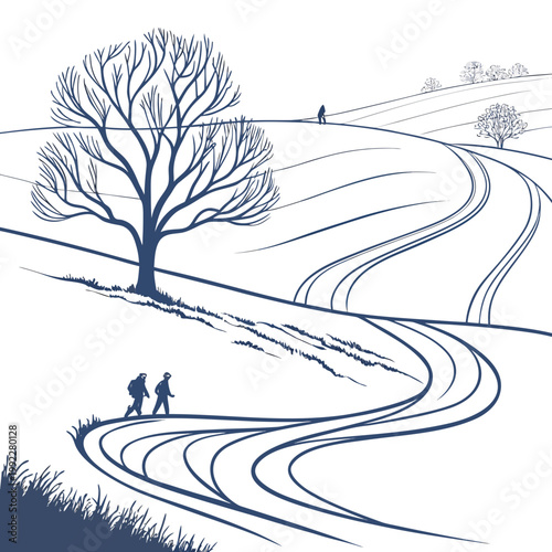 A minimalist vector illustration of a winding road through rolling hills with silhouetted travelers and bare trees