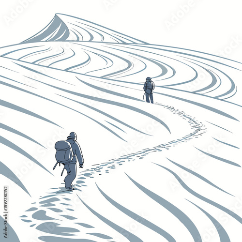 A minimalist vector illustration of two hikers walking up a snowy mountain with a stylized landscape