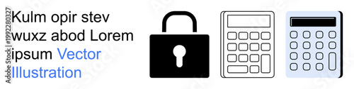 Data protection, finance management, security, encryption, accounting, calculation. A padlock and two calculators in a vector format. Data protection and finance management theme