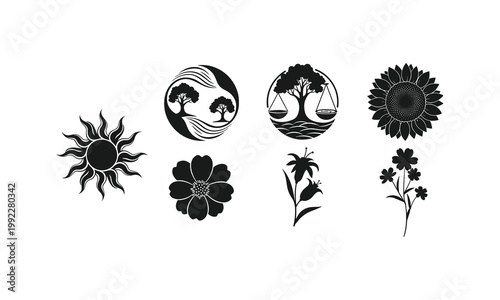 Natural garden elements collection including sun tree flower and sunflower vector silhouette.
