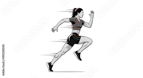 Athletic Woman Running Sprinting Fast Speed Motion Lines White Background
