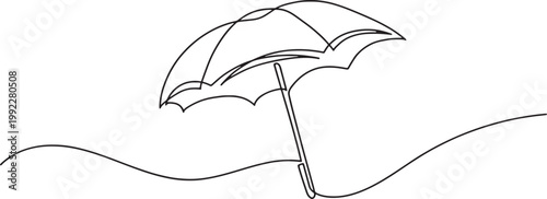 Minimalist single line drawing of a beach umbrella standing on sand dunes isolated on transparent background