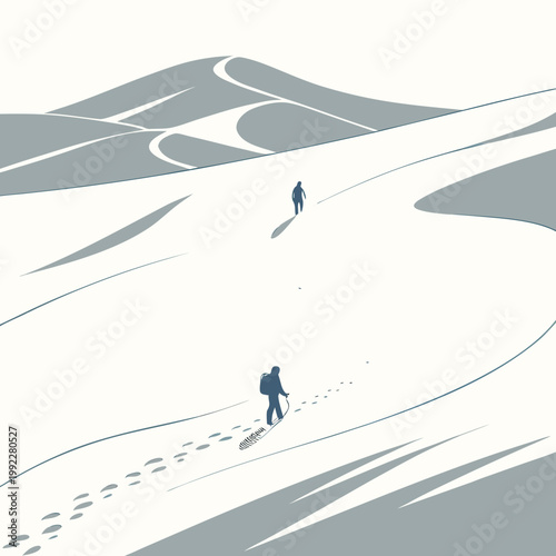 A minimalist vector illustration of two people walking through a snowy landscape with a winding road
