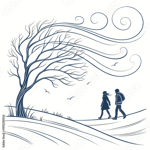 A minimalist vector illustration of a couple walking under a bare tree on a windy day