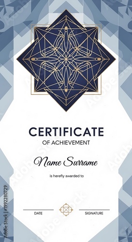 Elegant vertical award certificate template featuring geometric blue and gold decoration