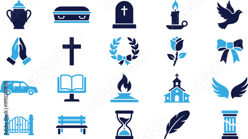 Funeral and mourning symbols set urn coffin gravestone candle dove praying hands cross.