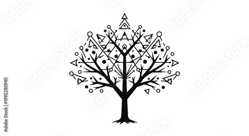 Tree graphic displays geometric shapes integrated into a stylized black silhouette.