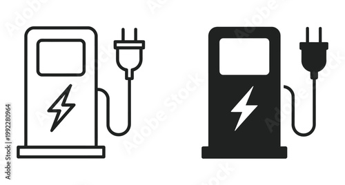 Electric vehicle charging station icon set featuring EV plug symbols, charging port elements, power bolt indicators, and modern minimalist line art for electric mobility systems,