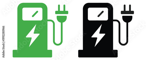 Electric vehicle charging station icon set featuring EV plug symbols, charging port elements, power bolt indicators, and modern minimalist line art for electric mobility systems,