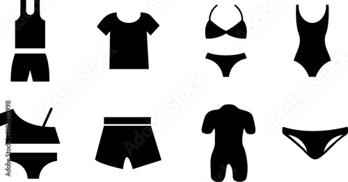 Black silhouette icons of various summer clothing items and swimwear