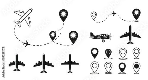 Air travel icons and flight route maps.