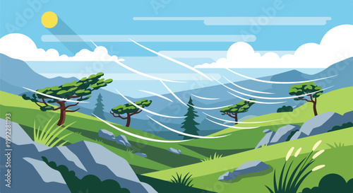 Flat Vector Illustration of a Windy Mountain Landscape with Rolling Green Hills and Pine Trees