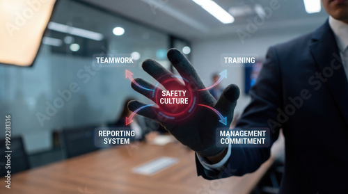 Business person in a suit, wearing a black glove, interacting with a glowing holographic display. The display shows a safety culture model.