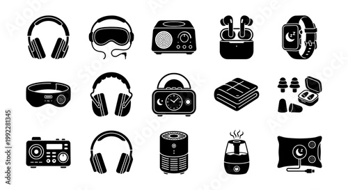 Photos Sleep Technology Icons, Relaxation Gadgets, Rest Devices, Audio Equipment, 15 Ve