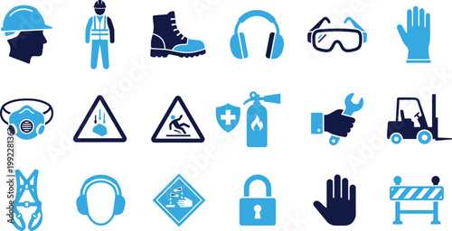 Construction site safety and personal protective equipment icons for workplace regulation.