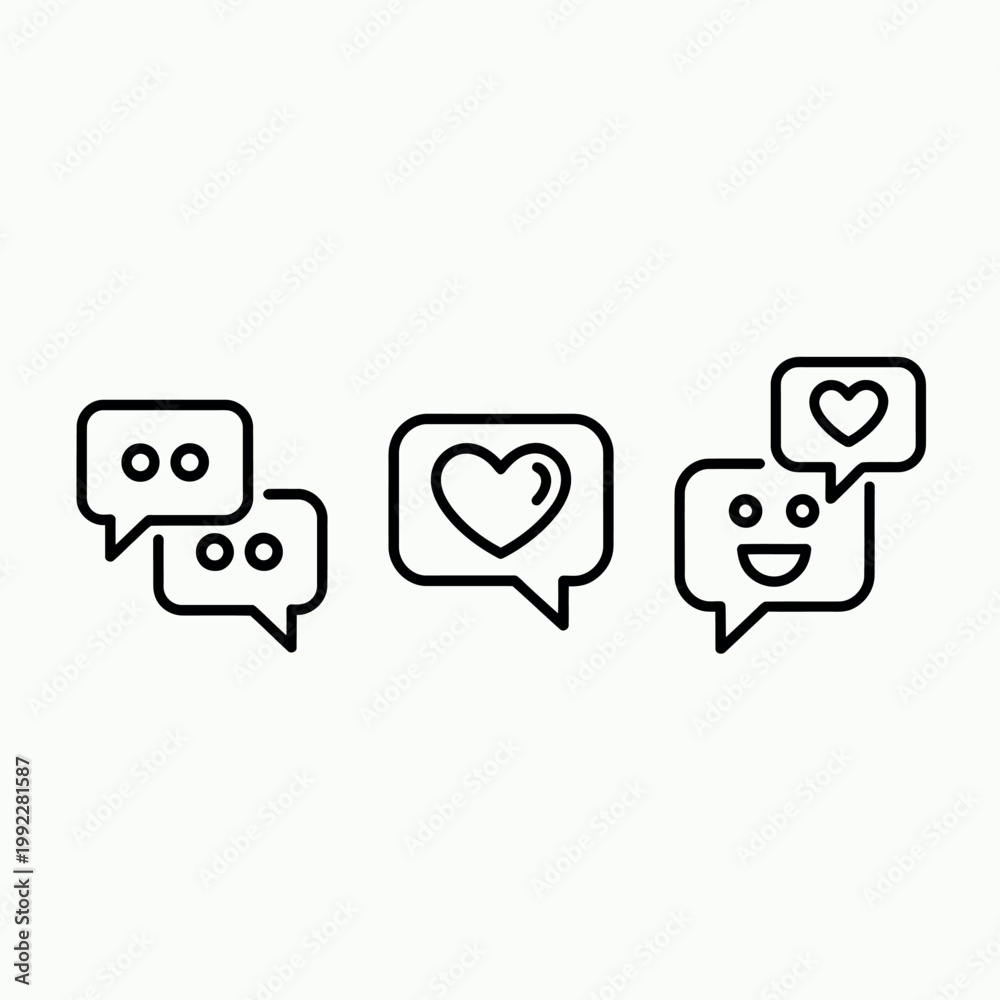 Fototapeta premium social support and emotional communication concept thin outline icon, minimalist line symbol chat bubbles and heart shape vector isolated pictogram for web and app, representing empathy, counseling...