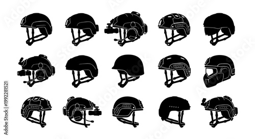 Fotografie Tactical military helmet silhouettes, set of 15 ballistic headgear icons, black