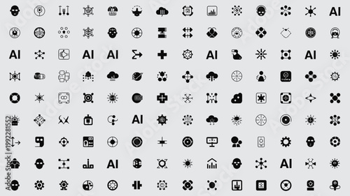 Set of 100 Black AI Artificial Intelligence Technology Icons Vector