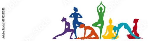 International Yoga Day vector Illustration - Set collection group of silhouette of women in different yoga posture, isolated on transparent background