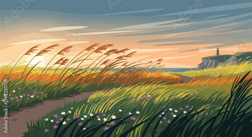 Serene Coastal Landscape at Sunset featuring a Lighthouse Cliff Path and Blowing Reeds Vector Art