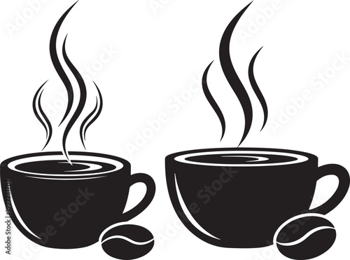 Two steaming cups of coffee with coffee beans black and white illustration coffee bean white background wake up hot beverage steaming beverage espresso cappuccino fragrance illustration