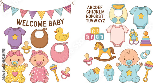 Baby shower vector set with newborn clothes, toys, bibs and welcome decorations, cute infant boy and girl characters collection for nursery design illustration bundle