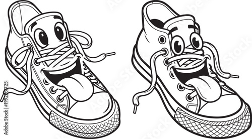 Two cartoon sneakers with funny faces and tongues sticking out black and white character illustration whimsical anthropomorphic footwear athletic children laughter childlike animated