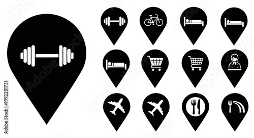 Black and white map pin icons set.