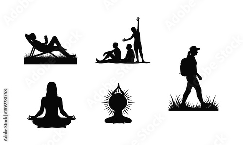 People relaxing and meditating outdoors vector silhouette illustration.