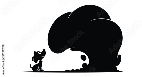 Puppy sits and gazes up at a large abstract cloud shape in a minimalist illustration.