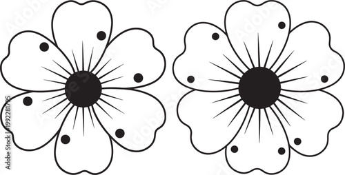 Two simple outline flowers with black centers and dotted petals line art illustration nature and spring concept black and white drawing polka dot illustration decoration delicate botanical