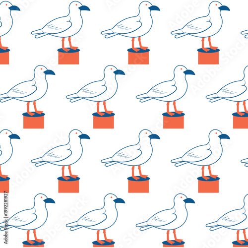 Bilde på lerret Seagull on mooring post seamless pattern