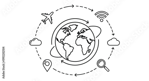 Global logistics and travel line icons around earth globe, international shipping and worldwide communication vector, minimalist business connectivity concept