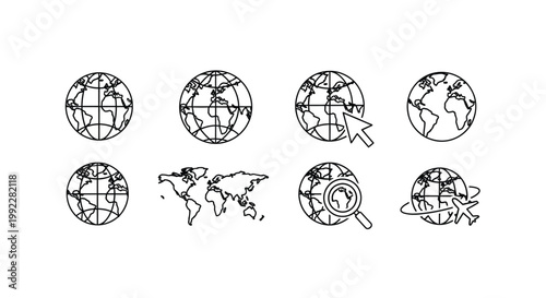 Minimalist world globe icon set, black and white earth map vector collection, global logistics and travel symbols for business web design