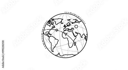 Minimalist globe vector with airplane flight paths, global travel and logistics icon, world map sphere with dotted aviation routes