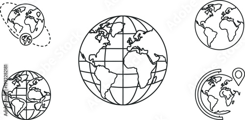 Minimalist globe icon set with 5 world map vectors, black line art earth globes with longitude and latitude grid, global logistics and travel symbols