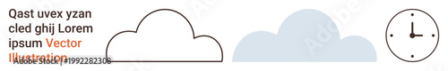 Time management, weather, scheduling, data storage, forecasting, workflow. Three cloud shapes and a minimalistic clock. Time management and weather concept in modern graphic design