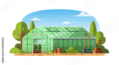 Greenhouse Structure With Glass Panels.
