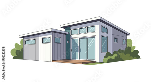 Modern Minimalist House Illustration with Contemporary Architectural Design, Large Glass Windows and Wooden Deck, Isolated Vector Home Exterior