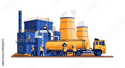 Industrial workers with large yellow truck.