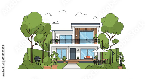 Modern Two-Story House Illustration with Lush Garden Terrace and Outdoor Living Space in Flat Line Art Style