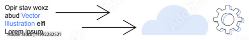 Cloud computing, data transfer, technology processes, system automation, IT workflows, digital resources. Arrows pointing to a cloud with a gear symbol. Cloud computing and data transfer concept